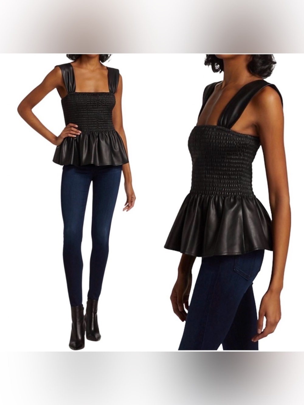 🔥 SALE Staud Black Vegan Leather Peplum Smocked Ida Top, size M - Picture 6 of 10